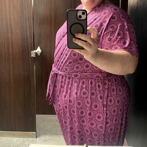 Lane Bryant Pink Patterned Jumpsuit surplice neck tie waist jersey jumpsuit